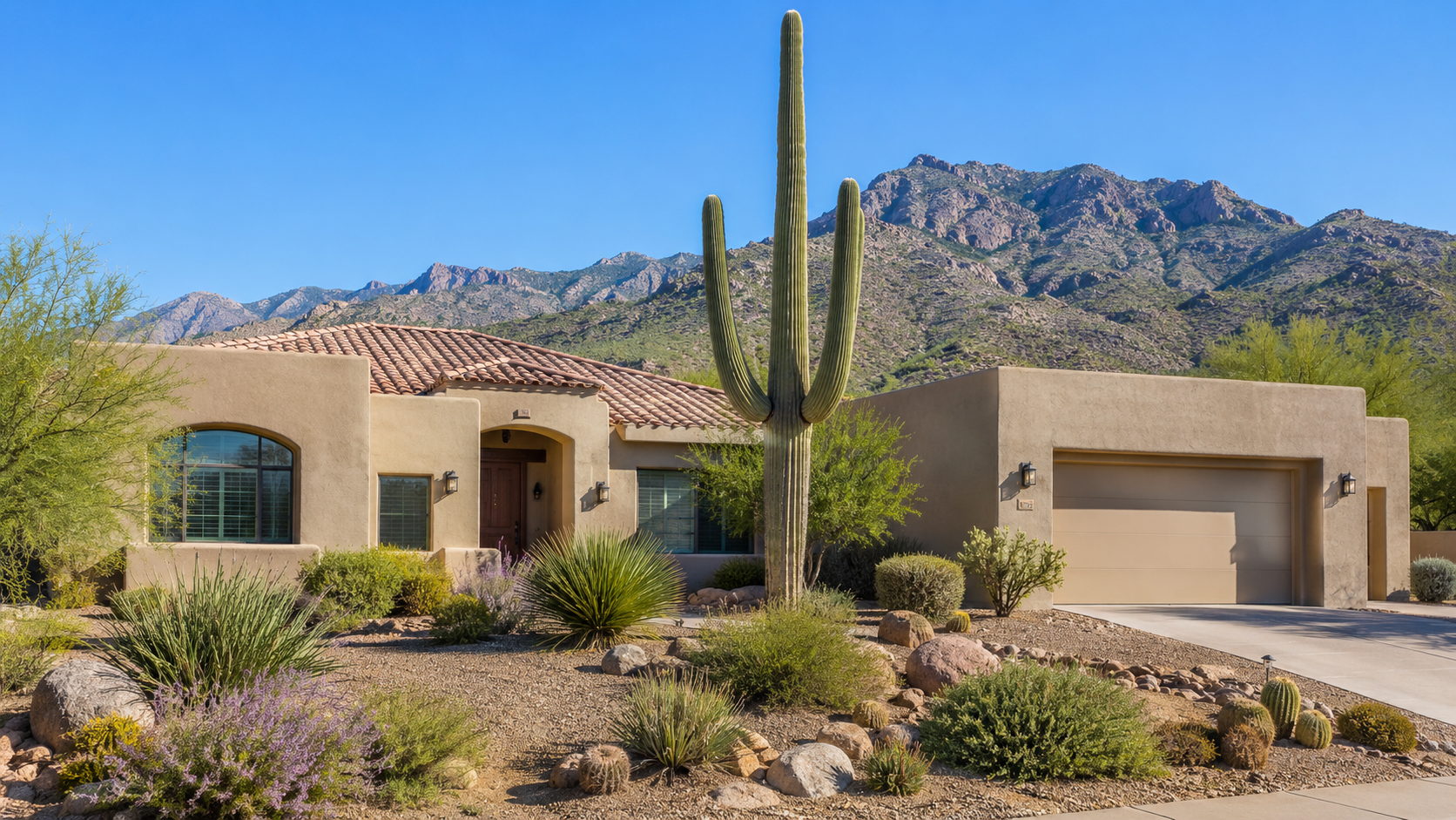 Catalina Foothills desert home with a saguaro cactus and the Santa Catalina Mountains, Tucson, Arizona